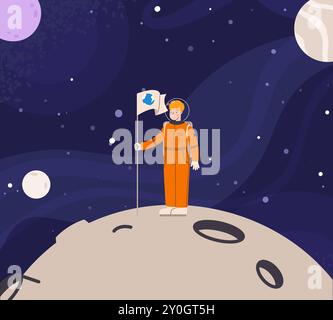 Cartoon-Astronaut auf der Planetenoberfläche mit Flagge. Internationale Weltraummission, Freundschaft der Länder im Universum. Vektorszene für Mut und Leistung Stock Vektor