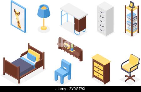 Isometrie Möbel für Kinderzimmer. Kinderzimmer Innenausstattung, Lampe Bett Stuhl Schreibtisch Regal Bild im Rahmen. Apartmentelemente makelloser Vektor Stock Vektor