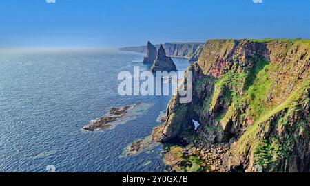 Duncansby Stacks die beiden Felsspitzen südlich von Duncansby Head und farbige felsige Klippen, die am frühen Sommermorgen zu sehen sind Stockfoto