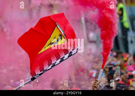 Monza, Italien. September 2024. Tifosi Ferrari während des Formel-1-Rennens Pirelli Gran Premio d’Italia 2024 am 1. September 2024 in Monza, Italien. Quelle: Luca Rossini/E-Mage/Alamy Live News Stockfoto