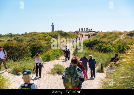 Skagen, Dänemark - 10. Juli 2019: Touristen auf Wanderwegen nach Grenen mit dem Gr? FYR im Hintergrund. Stockfoto