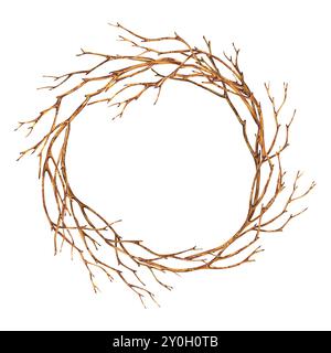 Kranz rund gewebt aus braunen Zweigen mit dünnen Zweigen, ohne Blätter. Handgezeichnete Aquarellillustration. Dekoelement für Herbst, Weihnachten Stockfoto