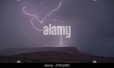 Während der Monsunsaison 2024 traf ein Blitz auf die Vermilion Cliffs im Norden Arizonas. Stockfoto
