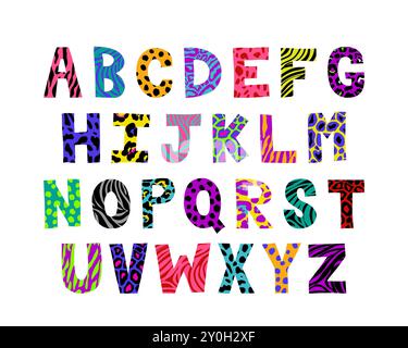 Acid Wildtier Fontäne. Isoliertes englisches Alphabet. Stock Vektor