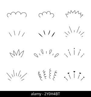 Doodle Shine Sunburst Glitzer Ray Elemente. Hand gezeichneter Pop-Überraschungslinienrahmen, Vektor-Illustration Stock Vektor