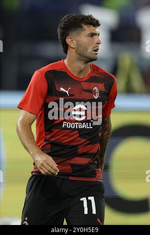 Milanâs US-amerikanischer Stürmer Christian Pulisic während des Fußballspiels der Serie A SS Lazio gegen AC Milan im Olimpico-Stadion am 31. August 2024 in Rom. Stockfoto