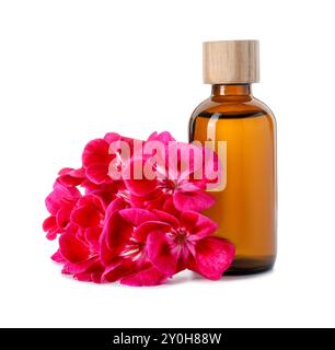 Ätherisches Geranienöl in der Flasche und schöne Blumen isoliert auf weiß Stockfoto