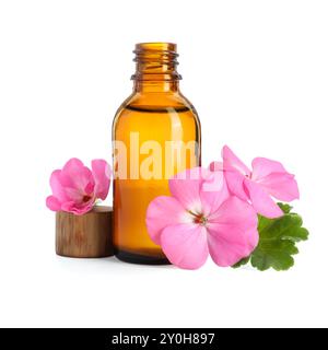 Ätherisches Geranienöl in der Flasche und schöne Blumen isoliert auf weiß Stockfoto