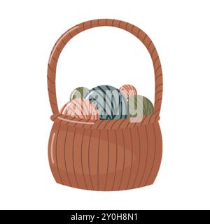 Korb mit Gewinde. Garn. Handgemachte Arbeit. Zusammenfügen. Farbbild auf weißem Hintergrund. Der Druck wird für das Verpackungsdesign verwendet. Stock Vektor