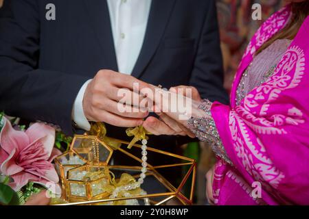 Das Brautpaar tauscht Ringe, der Bräutigam legt den Ring auf die Hand der Braut im Heiratsregister. Die Bräute tragen einen Ring an der Hand der Braut. Eng Stockfoto