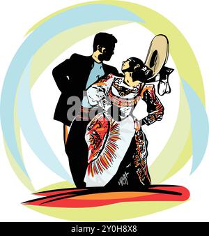 Paare Dancing Marinera peruanischer traditioneller Tanz Illustration Stock Vektor