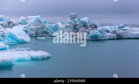 Die Gletscherlagune von Jokulsarlon in Island mit leuchtend blauen Eisbergen von sich zurückziehenden Gletschern, die über den Atlantik treiben, und Seehunden schwimmen hier Stockfoto