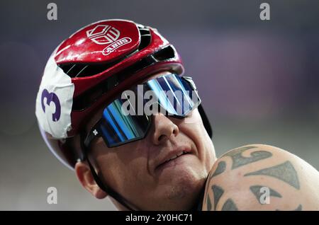 Der britische David Weir nach den 1500 m - T54 Runde 1 der Männer im Stade de France am fünften Tag der Paralympischen Sommerspiele 2024 in Paris. Bilddatum: Montag, 2. September 2024. Stockfoto