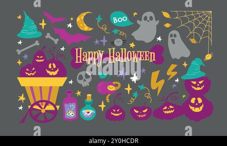 Happy Halloween Set. Magic Collection Clip Art Handzeichnung Stil. Böhmische mystische kreative zeitgenössische Ästhetik Doodle-Elemente. Boho abstrakte FL Stock Vektor