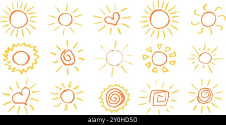 Lustig wie ein Kind, das gelbe Sonne zieht. Kollektion mit Pastellkreiden oder Wachsstift mit sonnigen Ikonen bemalt. Symbole des Sommerhimmels. Raue Kreidestruktur Stock Vektor