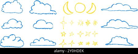 Set von Hand gezeichnet mit Wachsstift Wolken Sterne und Mond. Sammlung von Kinderschreiben pastellfarbene Elemente des Nachthimmels. Blaue flauschige Wolken rein Stock Vektor