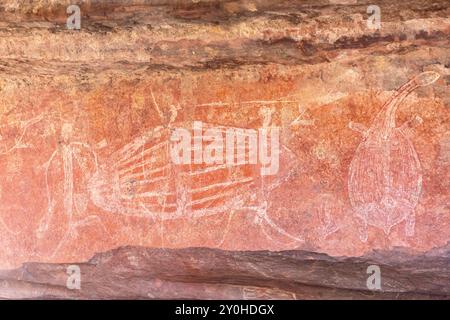 Antike Tierzeichnungen an der Felskunststätte der Ubirr Aborigines, Kakadu National Park, Kakadu Highway, Jabiru, Northern Territory, Australien Stockfoto