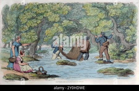 Eine gedruckte farbige Gravur der Welt in Miniatur-Aquarellätzung auf Papier Vintage 18. Jahrhundert von Thomas Rowlandson antikes Druckkunstwerk georgianische Ära England Stockfoto