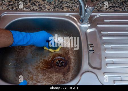 Reinigen Sie das schmutzige Waschbecken in der Küche in Nahaufnahme, indem Sie es mit einem Schwamm schrubben Stockfoto