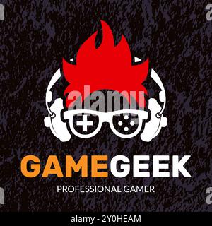 Gamer-Poster. Identitätsdesign-Plakat mit Kopf des Geeks und stilisierter Gamepad-Vektorvorlage Stock Vektor