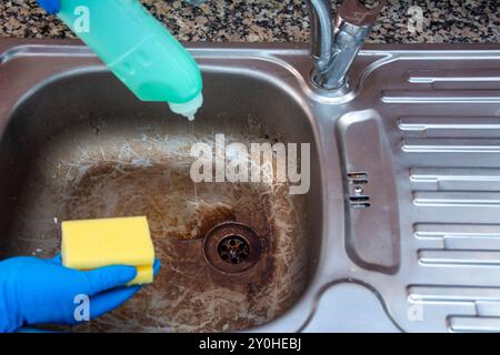 Nahaufnahme der Verwendung von Bleichmittel und einem Scheuerschwamm, um das schmutzige Waschbecken in der Küche zu reinigen Stockfoto