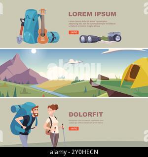 Touristen. Horizontale Banner mit Gegenständen zum Wandern, Erkunden von Vektorabenteuer Time-Charakteren mit Rucksäcken Stock Vektor