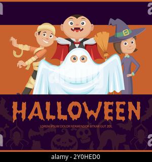 halloween-Poster. Zombie-Geisterhexe und Vampir gruselige Kostüme für halloween-Party Stock Vektor