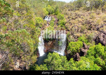 Blick auf Wasserfälle von der Aussichtsplattform, Florence Falls Waterhole, Litchfield National Park, Litchfield Park, Northern Territory, Australien Stockfoto