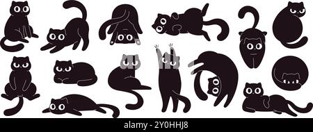 Cartoon schwarze Katzen. Lustige fette Katze in verschiedenen Lagen und Situationen. Isolierte flache Wandaufkleber, verrückte Kätzchen. Entzückender Vektor Stock Vektor