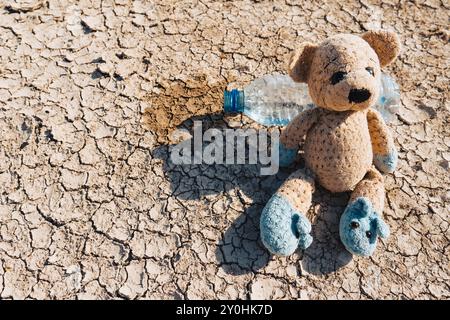 Ein Teddybär und eine leere Wasserflasche liegen am Boden eines ausgetrockneten Sees. Das Konzept der Ökologie, des Klimawandels, der Dürre Stockfoto