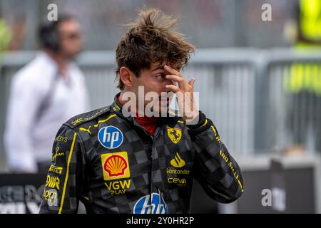 Monza, Italien, 1. September, Charles Leclerc, aus Monaco, tritt für Ferrari an. Renntag, Runde 16 der Formel-1-Meisterschaft 2024. Quelle: Michael Potts/Alamy Live News Stockfoto