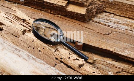 Lupe auf einem verrotteten alten umgestürzten Baum - auf der Suche nach den Ursachen des Waldrückgangs Stockfoto