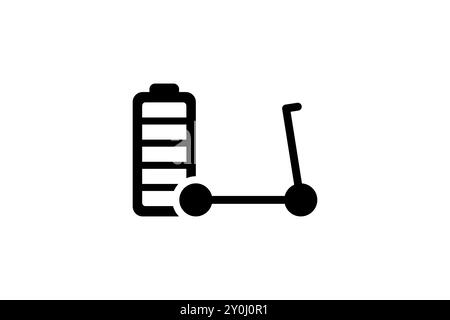Schwarzes Symbol für Batterieladeanzeige für elektrischen Kick-Roller. Symbol für Ladegerät des Ladedruckspeichers für den elektrischen Transport. E-Roller mit Elektroaufladung. Umweltfreundlicher Transport zum Aufladen von EPS-Logotypen Stock Vektor