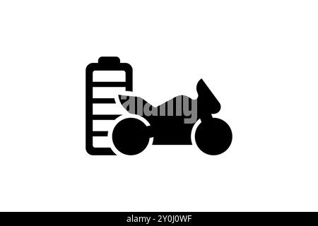 Schwarzes Symbol für voll aufgeladene Batterie-Ladeanzeige für elektrisches Sportrad. Symbol für das Ladegerät des Akkumulators für Elektrotransporte für Motorräder. Elektroladestation für Motorräder. EPS-Logo für umweltfreundliches Fahrzeug Stock Vektor