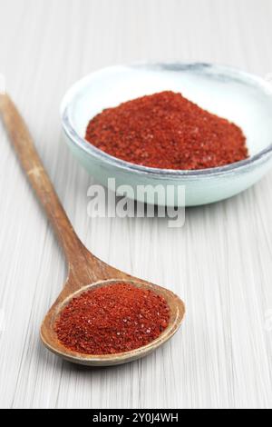 Studio-Foto von rotem Pfefferpulver in einem Holzlöffel mit einer hölzernen Schüssel Pfefferpulver Stockfoto