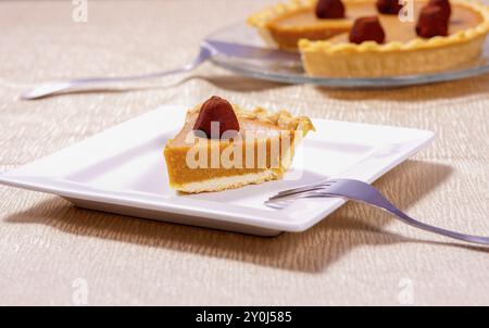 Ein Stück Kürbiskuchen, serviert auf einem Teller Stockfoto