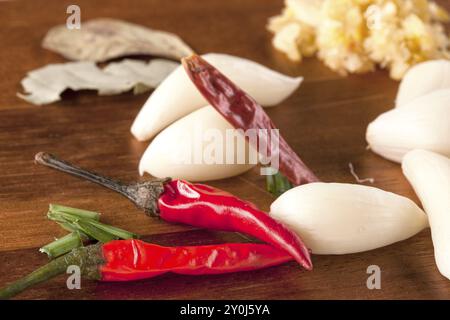 Ein Übersichtsbild mit verschiedenen Gemüsesorten und Gewürzen auf einem Schneidebrett zum Kochen Stockfoto