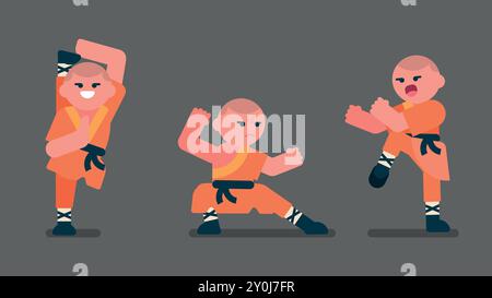 Shaolin Boy mit orangenem traditionellem Kleid Kung Fu spielen, Karate im grauen Tempel trainieren, chinesische Kinder üben Feinde zu bekämpfen, Flat Avatar Vektor Stock Vektor