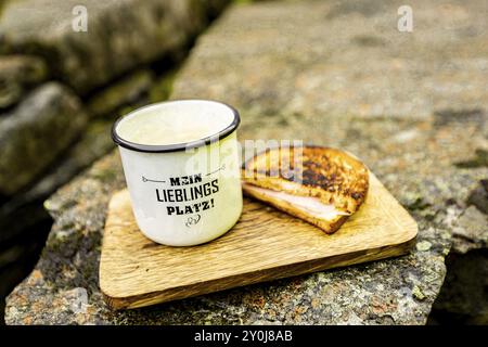 Viddal, More og Romsdal, Norwegen, Sandwich, Kaffee, Holzbrett, Europa Stockfoto