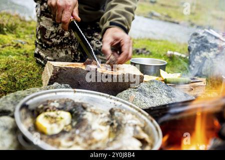 Viddal, More og Romsdal, Norwegen, Kochen, Feuer, Messer, Fleisch, Fisch, Europa Stockfoto