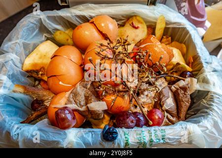 Lebensmittelabfälle in einem Küchenabfallwagen, voll und bereit zum Leeren in den Bordsteinrahmen zur Sammlung und Kompostierung in einer gemeindeeinrichtung. Stockfoto