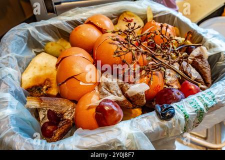 Lebensmittelabfälle in einem Küchenabfallwagen, voll und bereit zum Leeren in den Bordsteinrahmen zur Sammlung und Kompostierung in einer gemeindeeinrichtung. Stockfoto