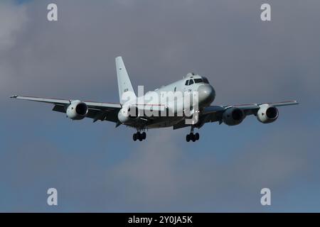 Ein Kawasaki P1 Maritime Patrouillenflugzeug mit der japanischen Maritime Self Defence Force (JMSDF), das in der Nähe der NAF Atsugi flog. Kanagawa, Japan. Stockfoto