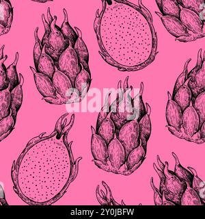 Nahtloses Muster mit Drachenfrüchten. Einfarbige Illustration im Retro-Stil. Stock Vektor