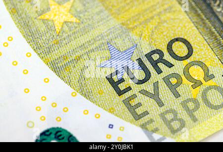 Nahaufnahme der 20-Euro-Banknote der Europäischen Union, echte 20-Euro-Banknote Stockfoto