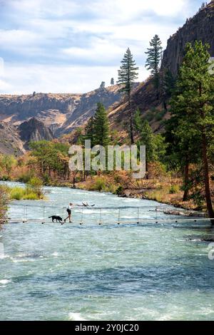 Alleinstehende Seniorin mit ihrem schwarzen Labor, die über eine Metallbrücke über dem Tieton River im Tieton River Canyon im Zentrum von Washington wandert. Stockfoto