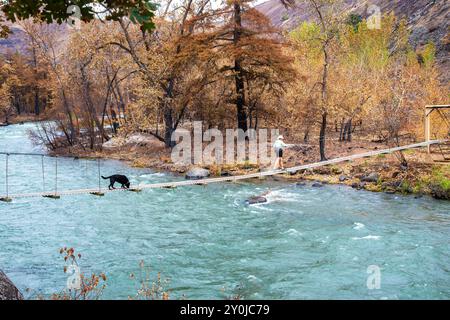 Alleinstehende Seniorin mit ihrem schwarzen Labor, die über eine Metallbrücke über dem Tieton River im Tieton River Canyon im Zentrum von Washington wandert. Stockfoto