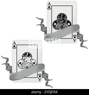 Vektor-Design von Pokerkarten mit Bändern, mit Kleeblatt-Symbolen, Band um eine Halloween-Pokerkarte Stock Vektor