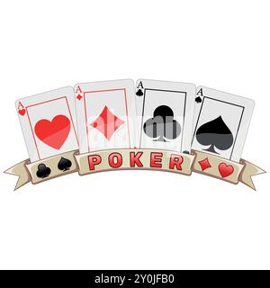 Vektordesign von Pokerkarten mit Bändern, Poker-Symbolen von Herz, Diamant, Klee und Ass Stock Vektor