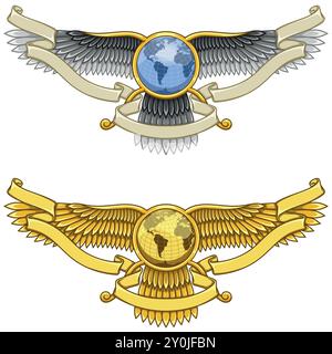 Vektordesign des Faravahar-Symbols, Symbol der zoroastrischen Religion, geflügelte Scheibe mit Planet Erde und Band Stock Vektor